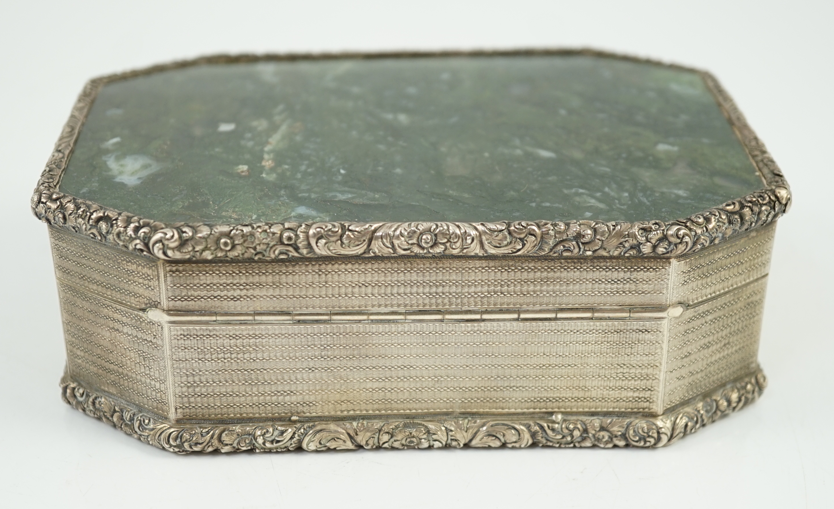 An early Victorian engine turned silver and inset moss agate box and cover, by Sampson Mordan I